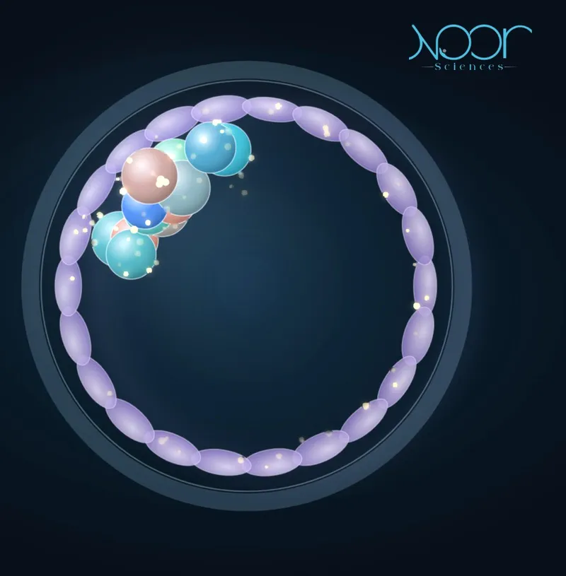 Animated blastocyst with flickering mitochondria and a glowing inner cell mass