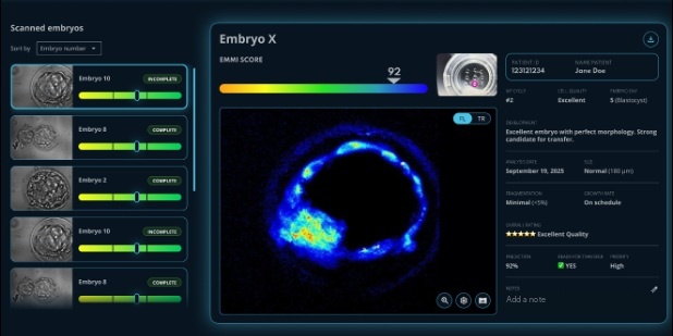 Em-Lux software showing an EMMI score and lifetime map for each embryo