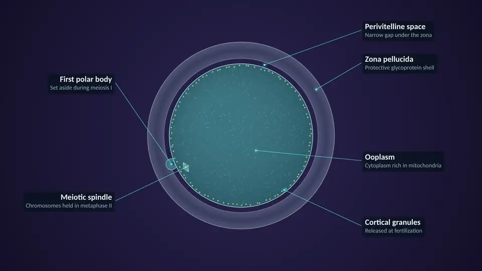 Animation of a mature human egg with its parts labeled